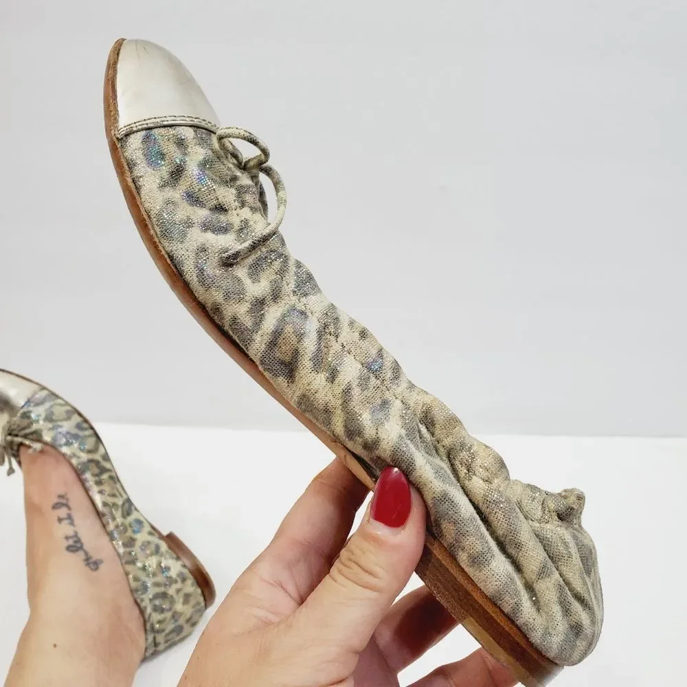 $300 AGL leopard shimmer leather bow cap toe ballerina Flats siz…